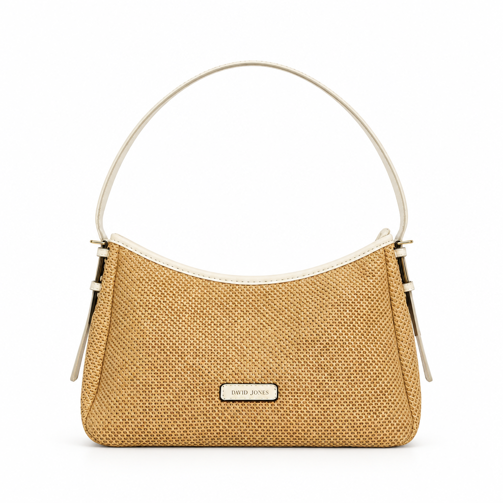 Charles & Keith style woven straw shoulder bag - natural with cream trim, studio view