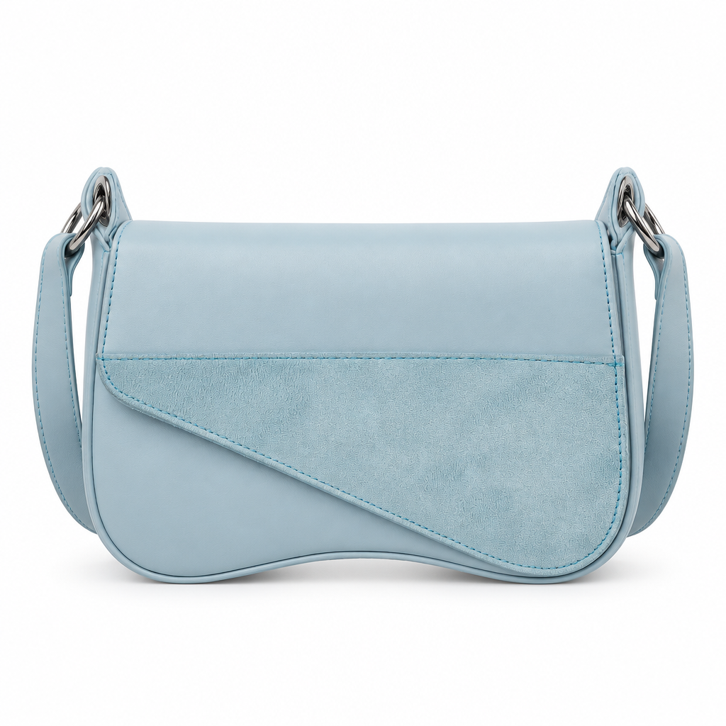 Suede panel saddle shoulder bag - light blue, studio view