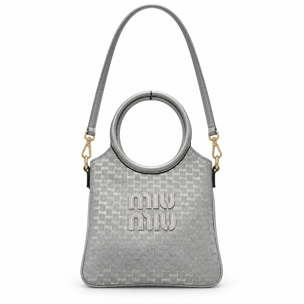 Miu Miu style ring handle monogram tote - silver, studio view