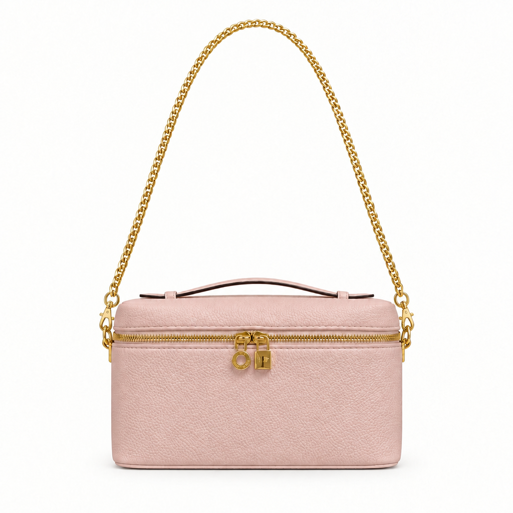 Pebbled leather vanity case bag with gold chain - pink, studio view