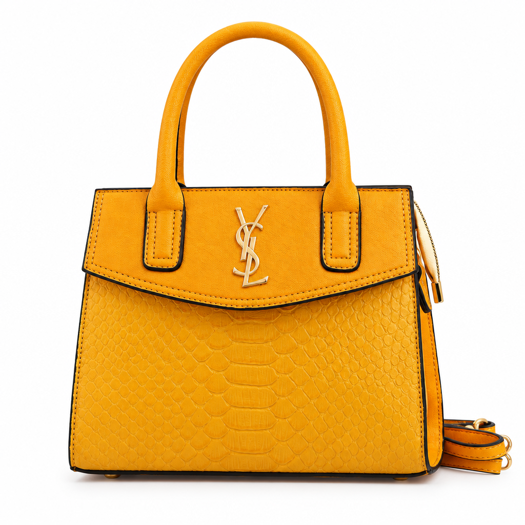 Saint Laurent style snake embossed mini tote - mustard yellow, studio view