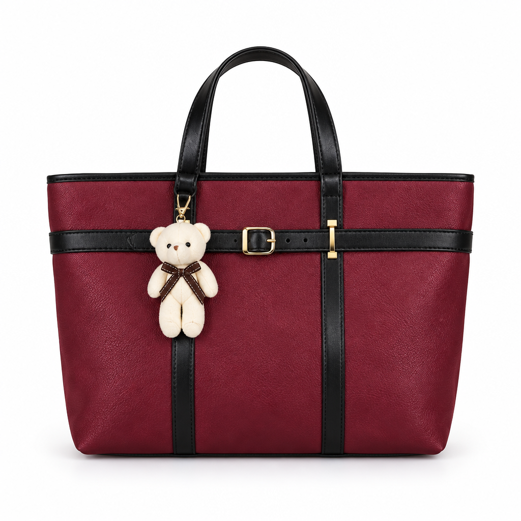 Teddy Charm Belt-Detail Top-Handle Tote - burgundy, studio view