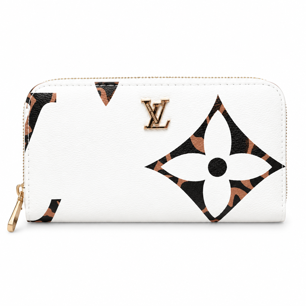 Louis Vuitton style giant monogram zip wallet - white leopard, studio view