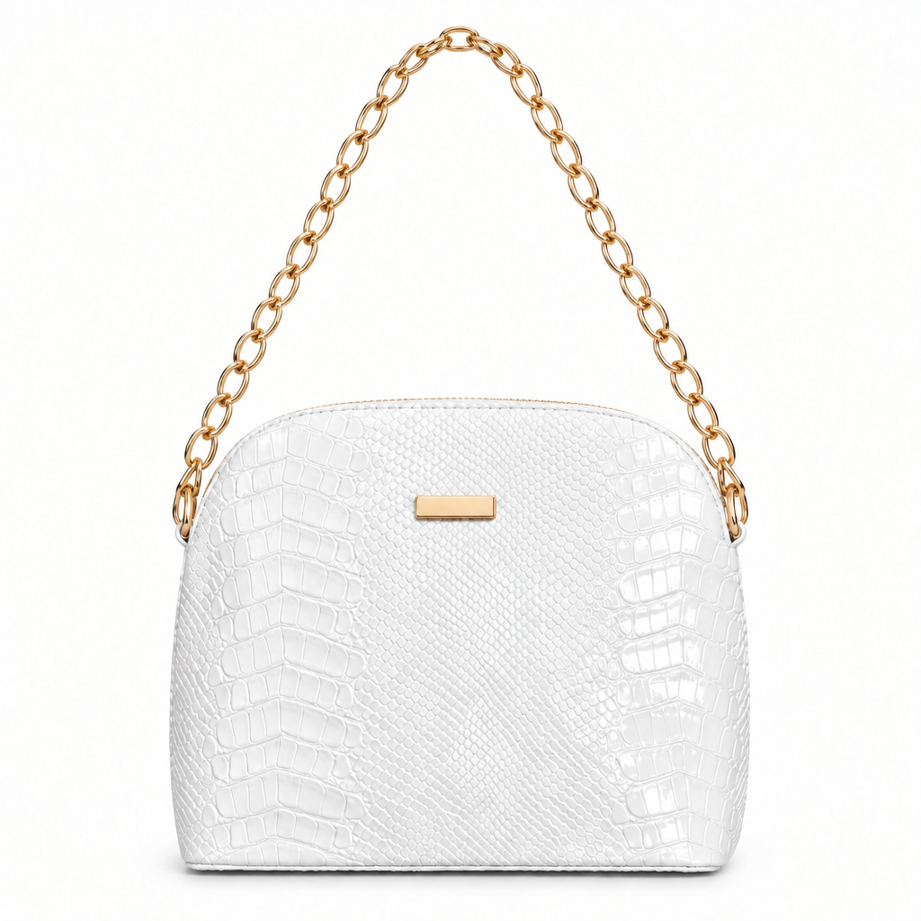 Snake embossed dome chain shoulder bag - white, studio view
