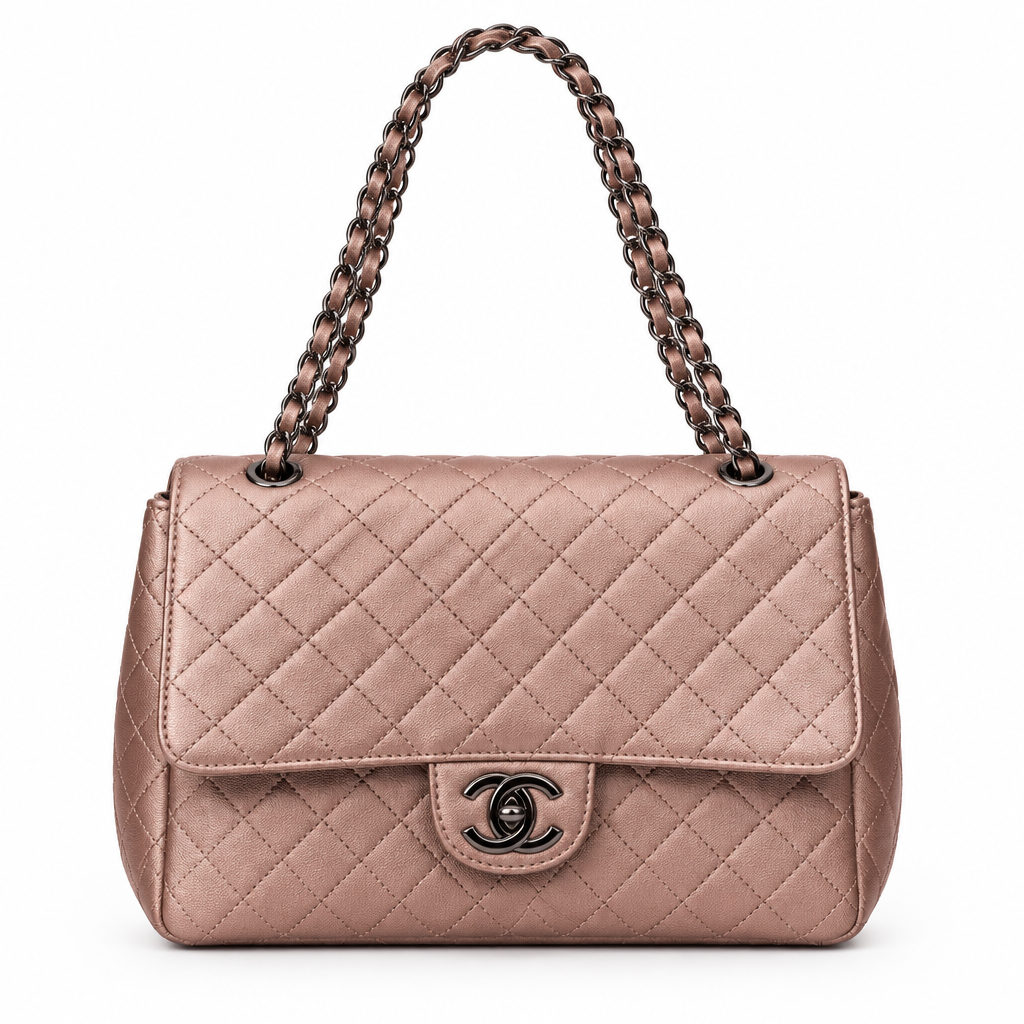 Chanel style quilted CC flap chain bag - metallic rose, studio view