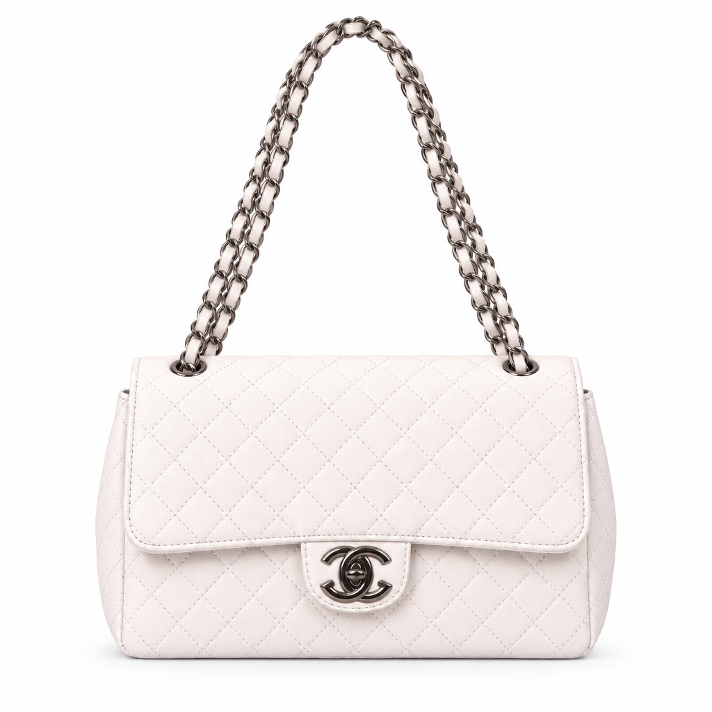 Chanel style quilted CC flap chain bag - white, studio view