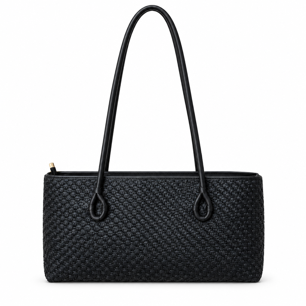 Zara Style Woven Texture Long-Handle Shoulder Bag - black, studio view