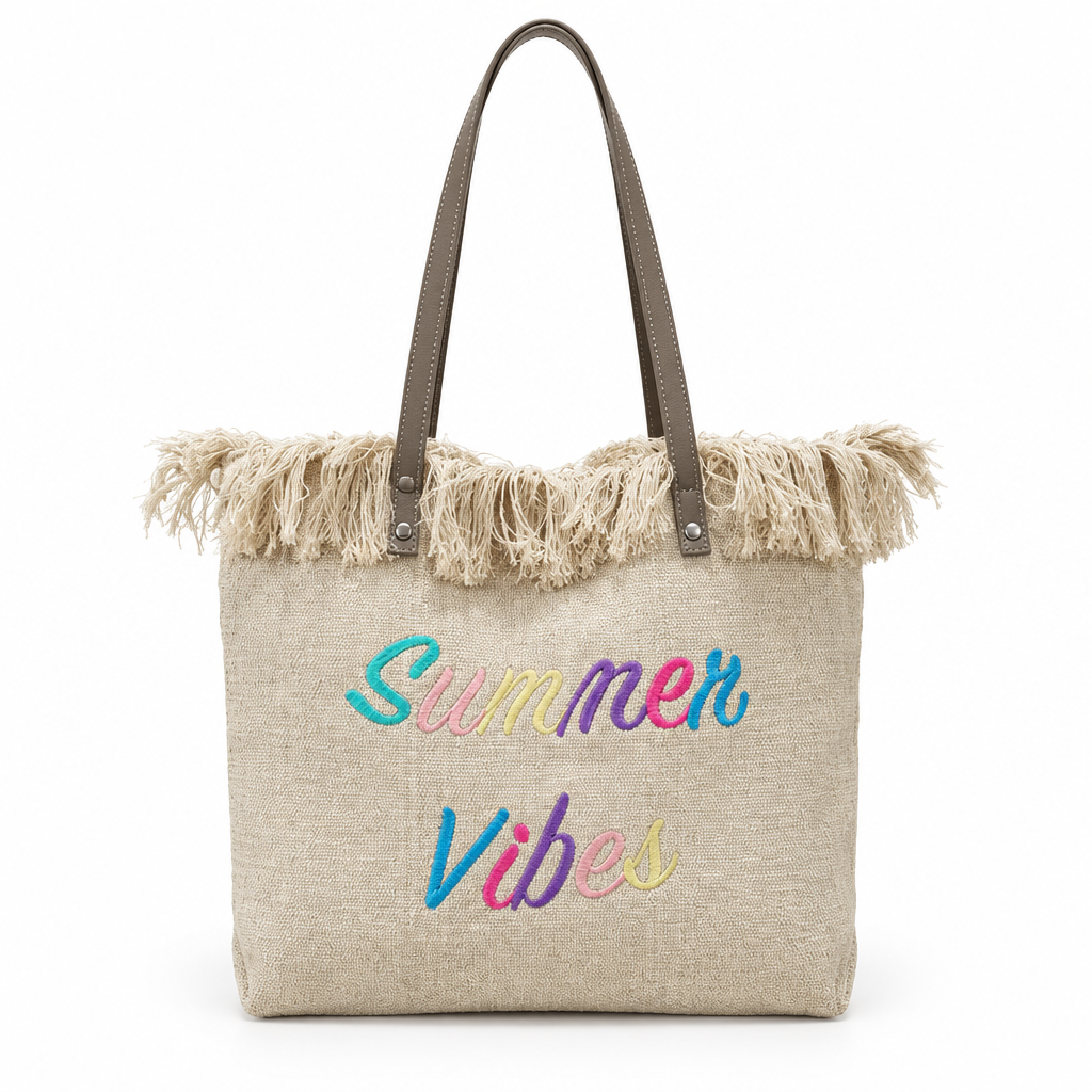 Summer Vibes embroidered fringe beach tote - natural beige, studio view