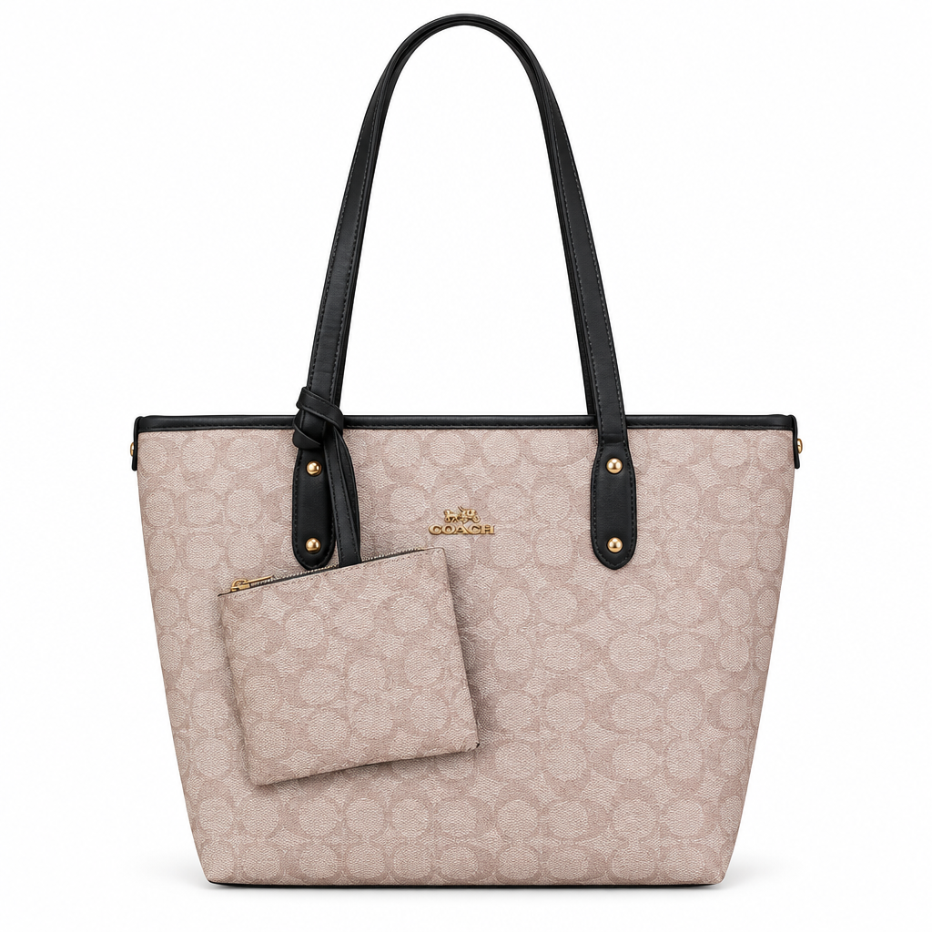 Coach Style Signature Shoulder Tote & Pouch Set - blush-taupe with black trim, studio view