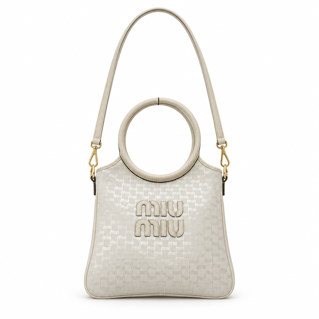 Miu Miu style ring handle monogram tote - cream, studio view