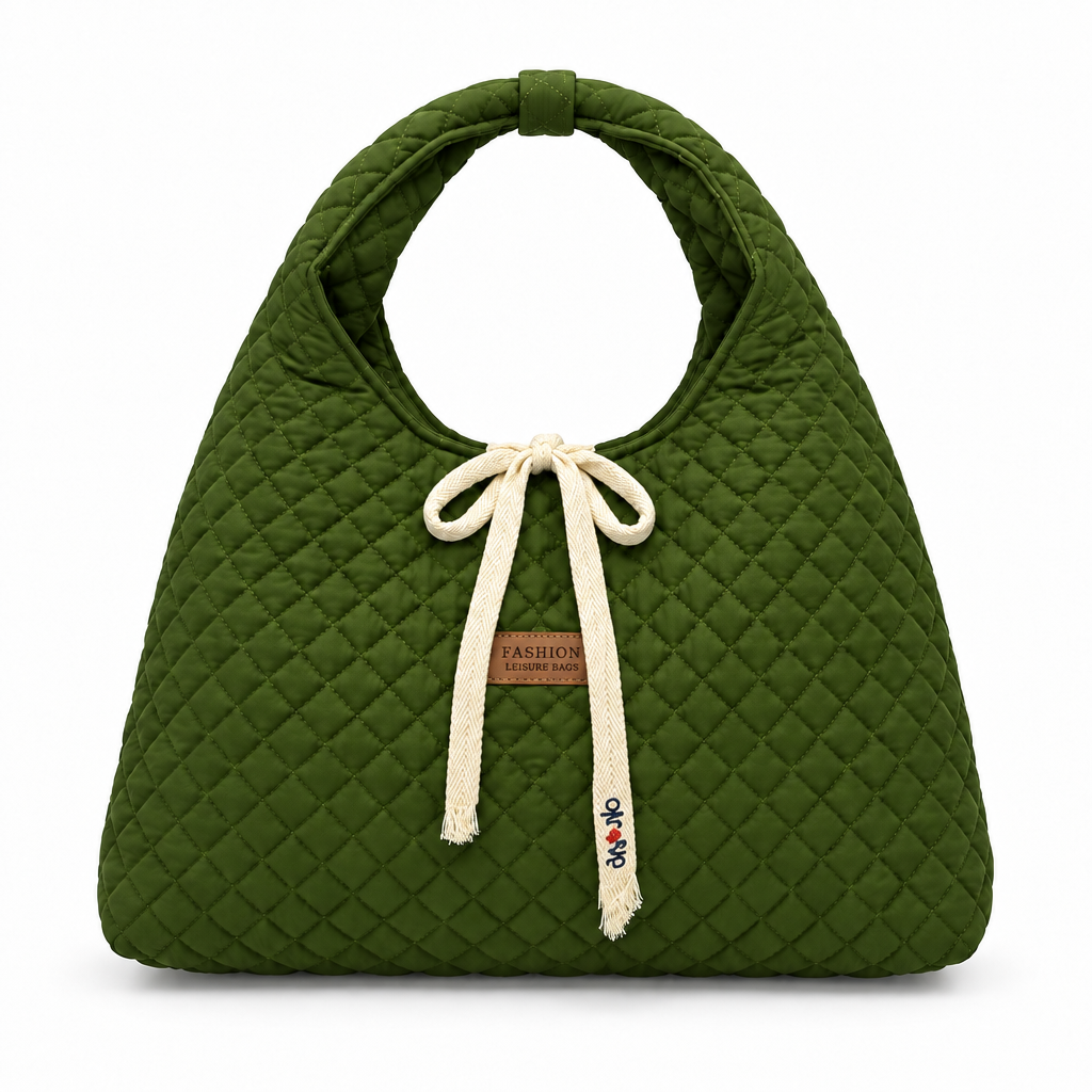 Diamond-Quilted Ribbon Bow Shoulder Tote - green, studio view