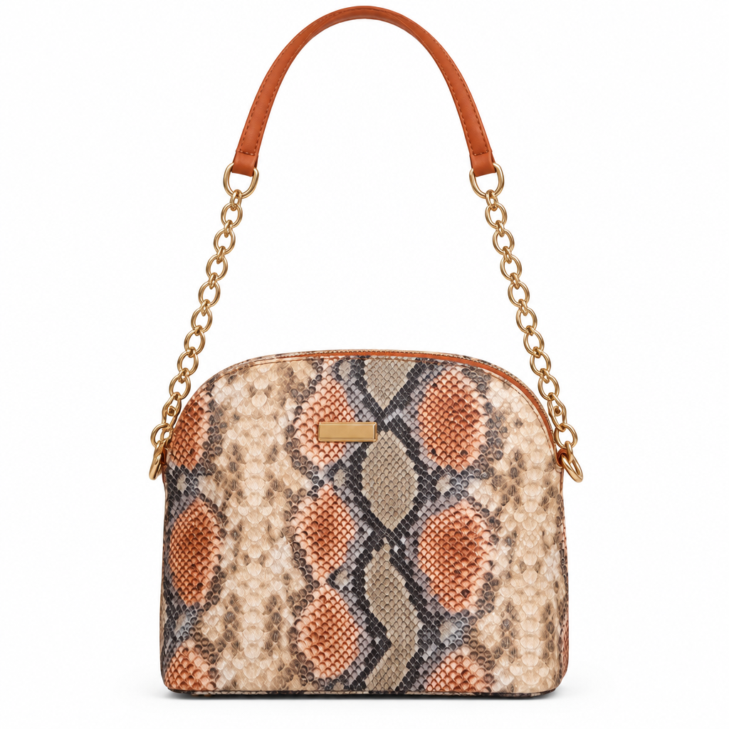 Snake print dome chain shoulder bag - orange python, studio view