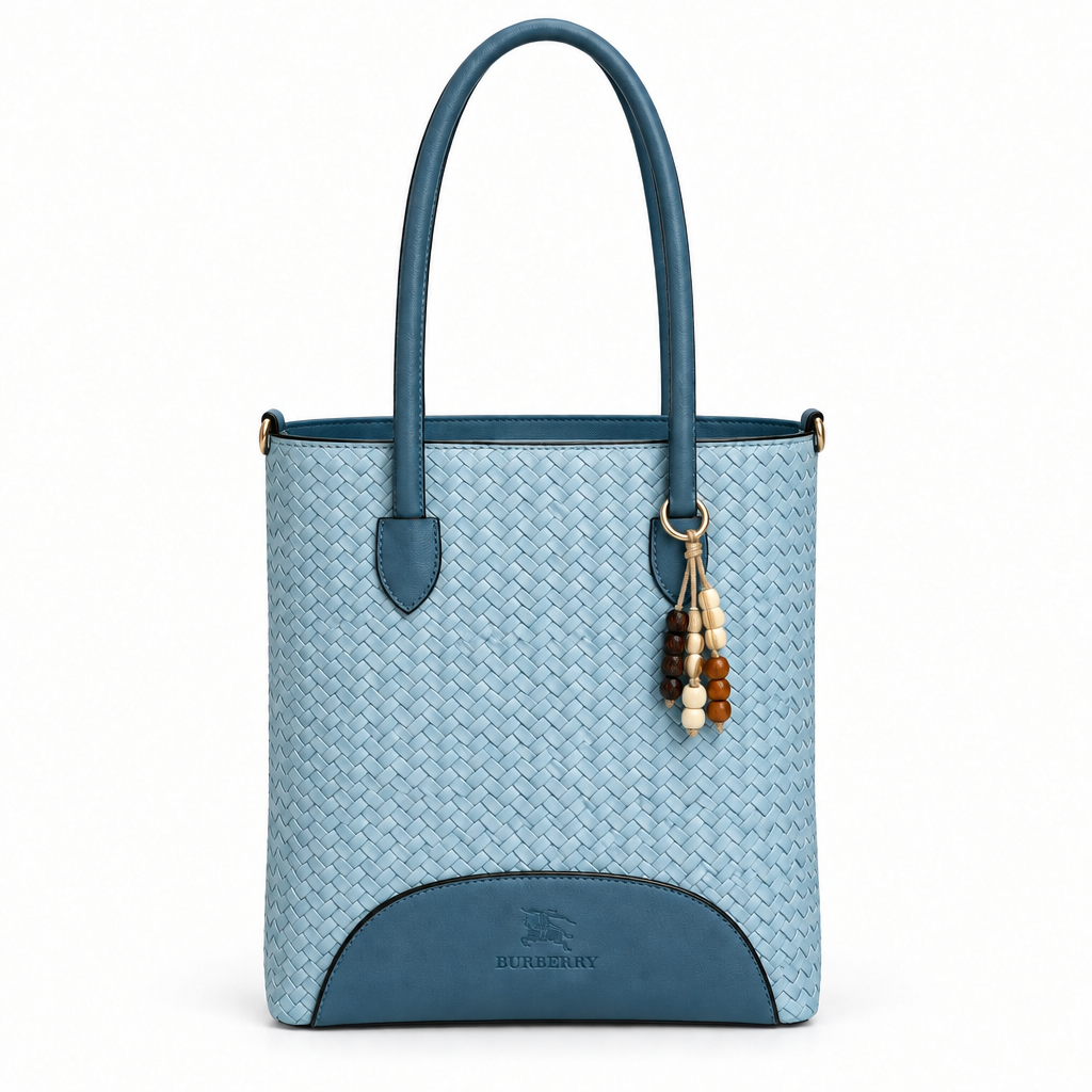Burberry Style Woven Bead-Charm Shoulder Tote - light blue with dark blue trim, studio view