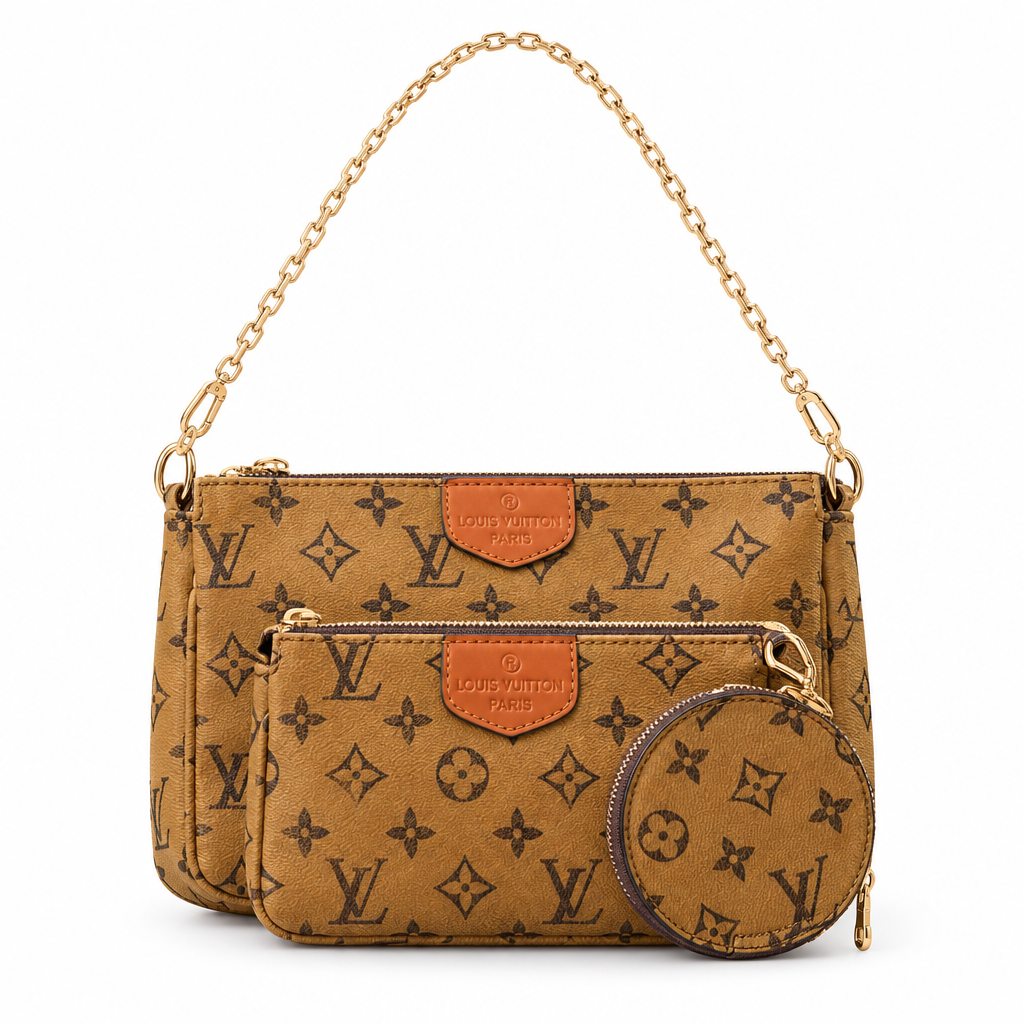 Louis Vuitton style Multi Pochette set - reverse tan monogram, studio view