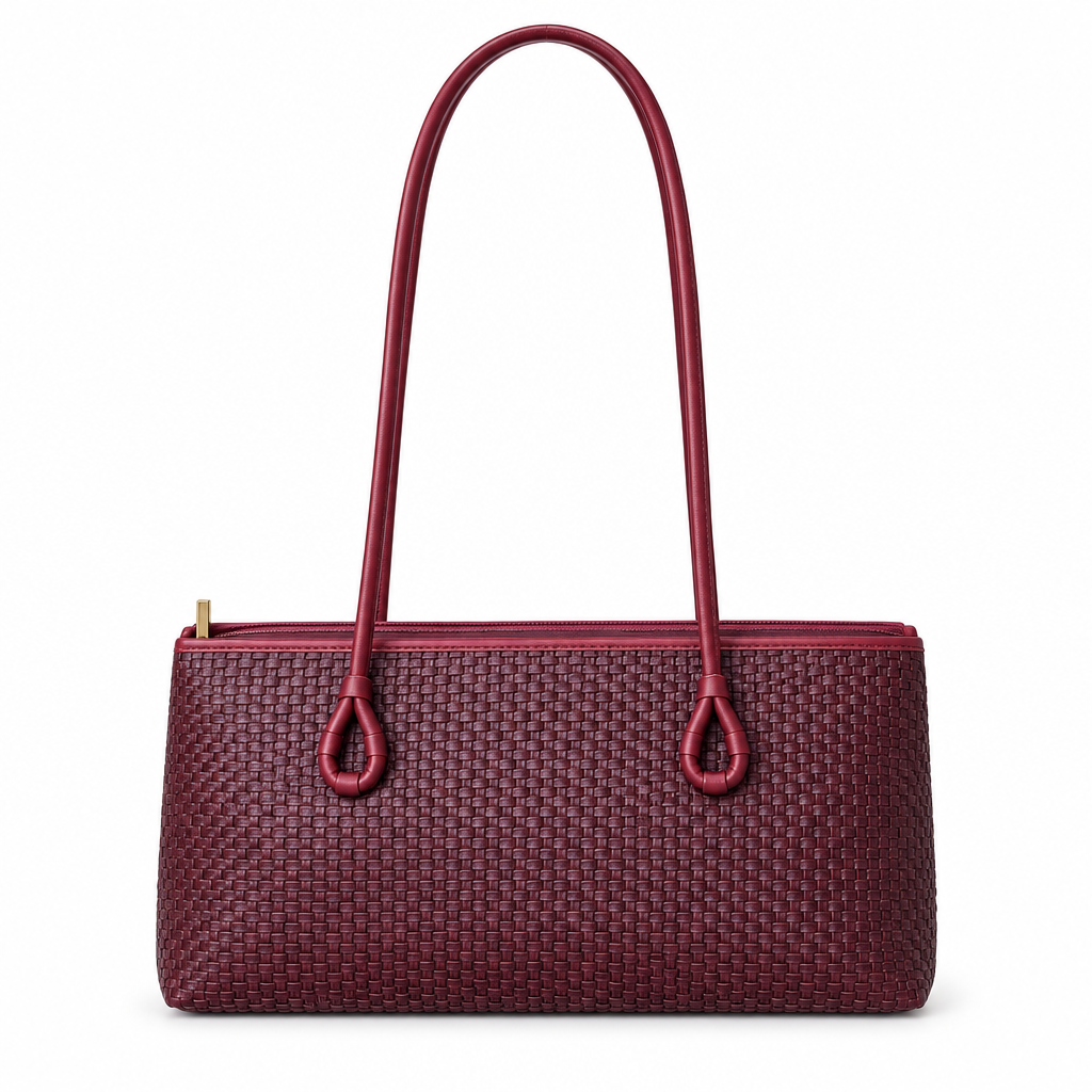 Zara Style Woven Texture Long-Handle Shoulder Bag - burgundy, studio view