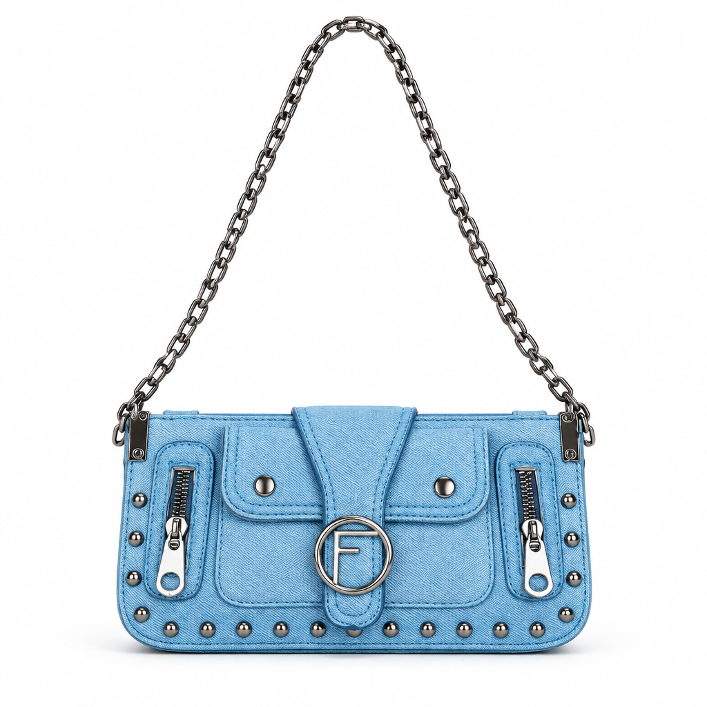Studded cargo pocket shoulder bag - sky blue, studio view