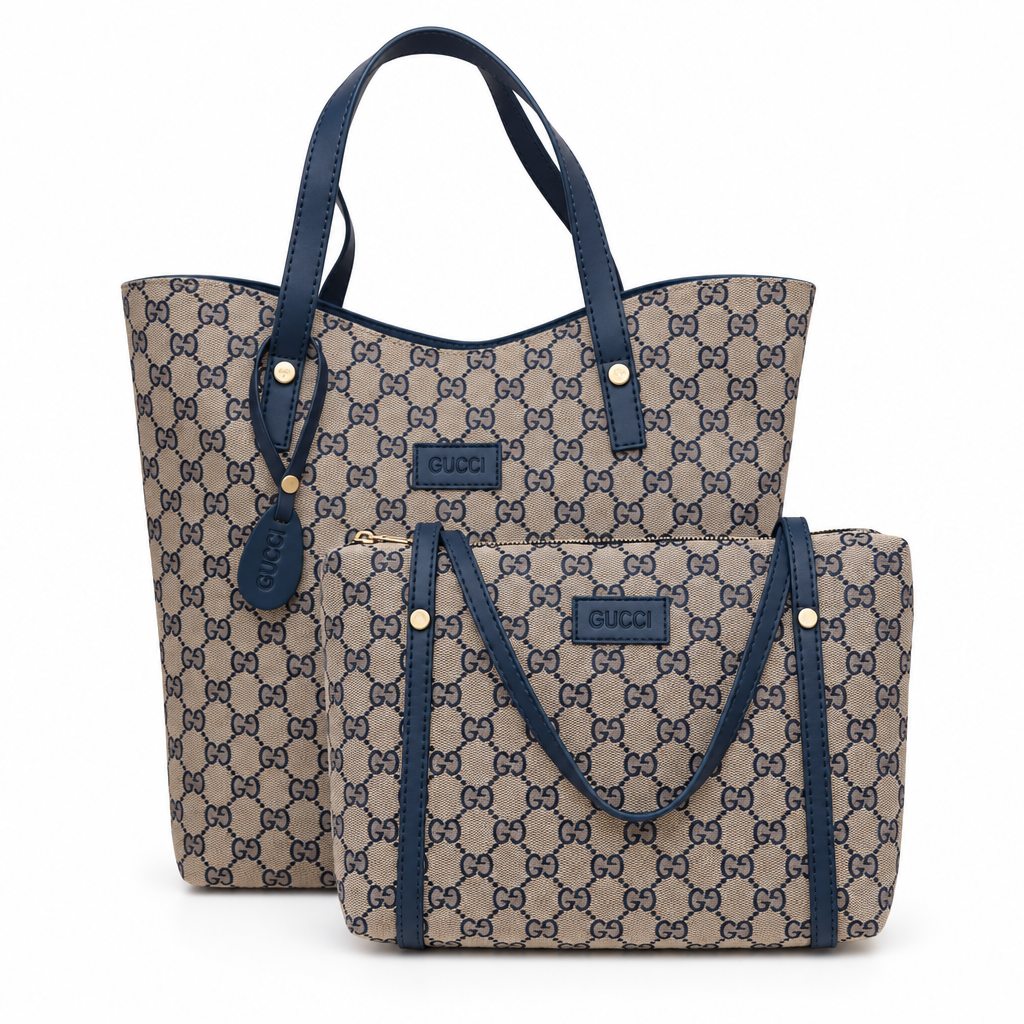 Gucci style GG canvas tote with pouch set - beige with navy, studio view