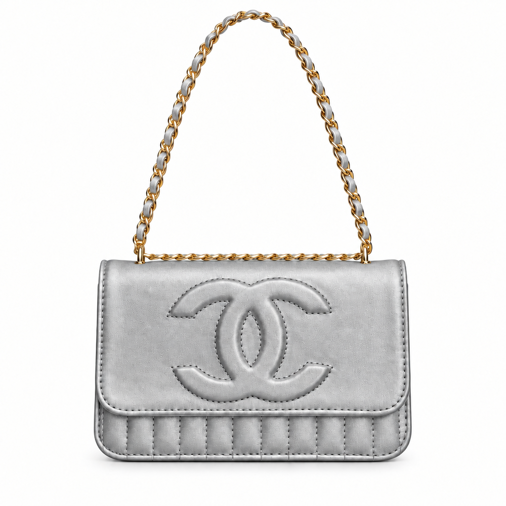 Chanel style quilted CC chain flap shoulder bag - silver, studio view
