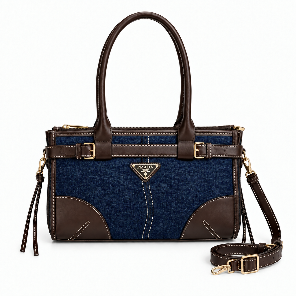Prada Style Contrast-Trim Twin-Buckle Mini Tote - navy, studio view