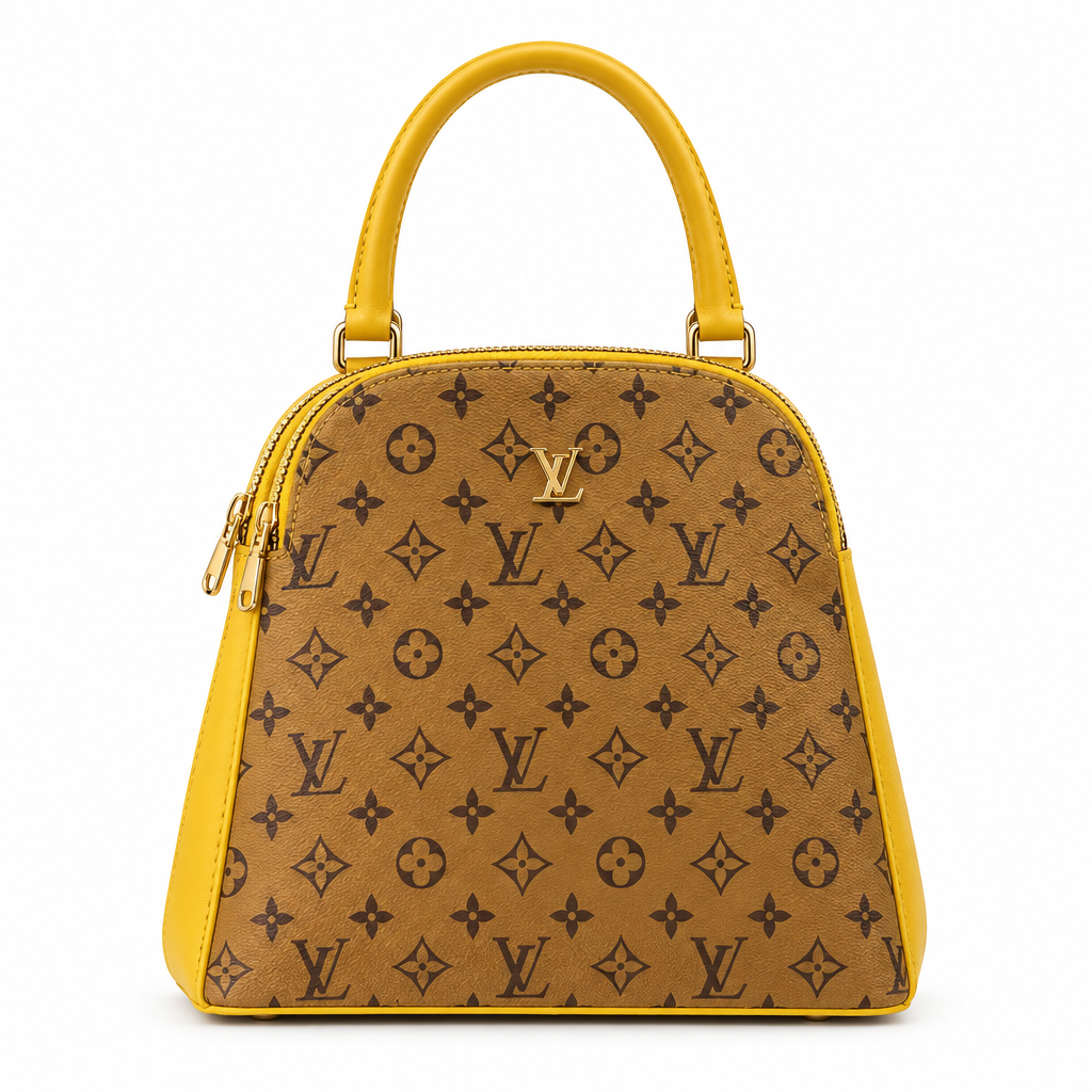 Monogram dome bag - reverse monogram with yellow trim and top handle, studio view