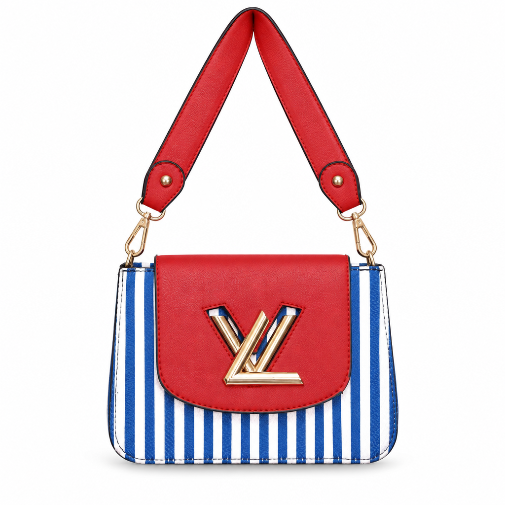 Louis Vuitton style striped twist lock flap bag - design 5, studio view