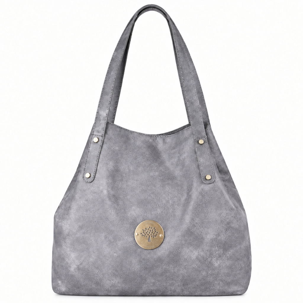 Mulberry style tree medallion shoulder tote - grey, studio view