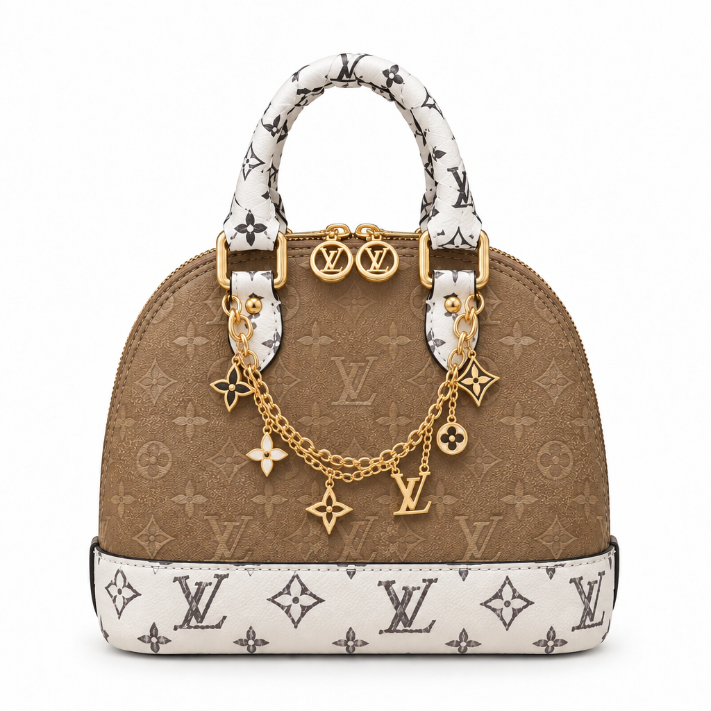 Louis Vuitton Style Monogram Charm-Chain Mini Dome Bag - tan and white, studio view