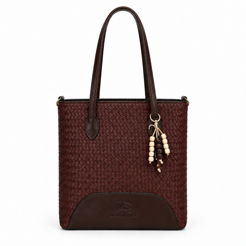 Burberry Style Woven Bead-Charm Shoulder Tote - dark brown, studio view