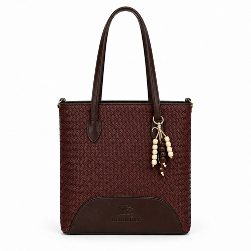 Burberry Style Woven Bead-Charm Shoulder Tote - dark brown, studio view