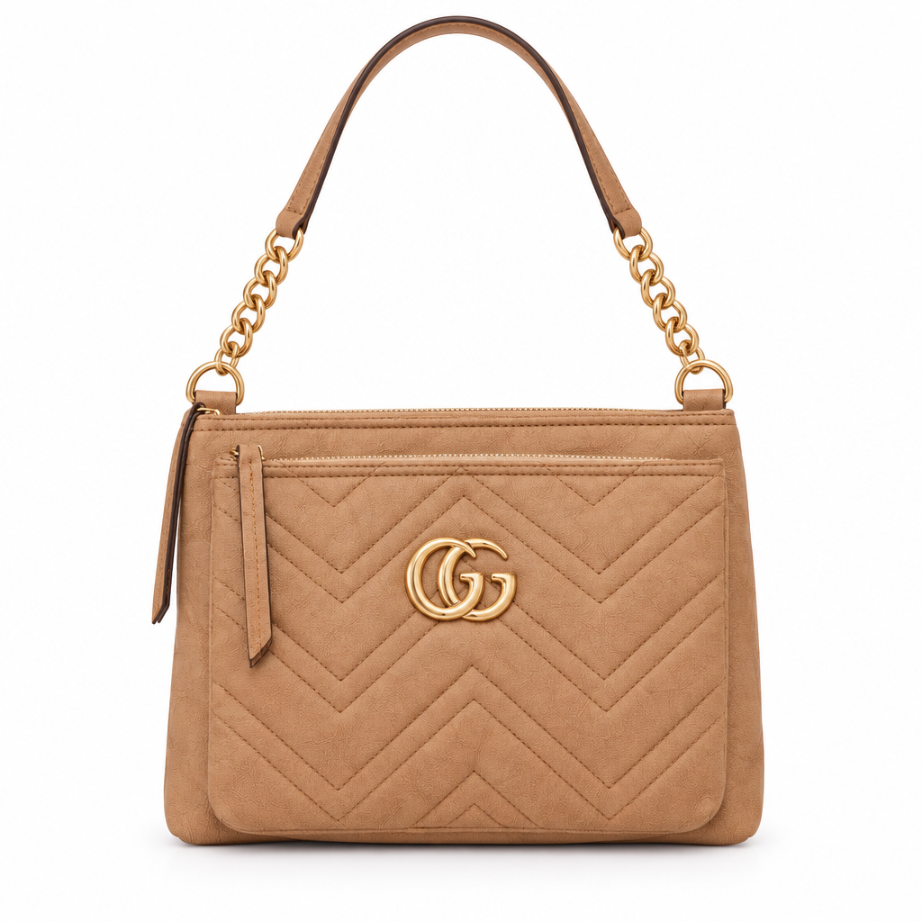 Gucci Marmont style chevron quilted chain shoulder bag - camel, studio view