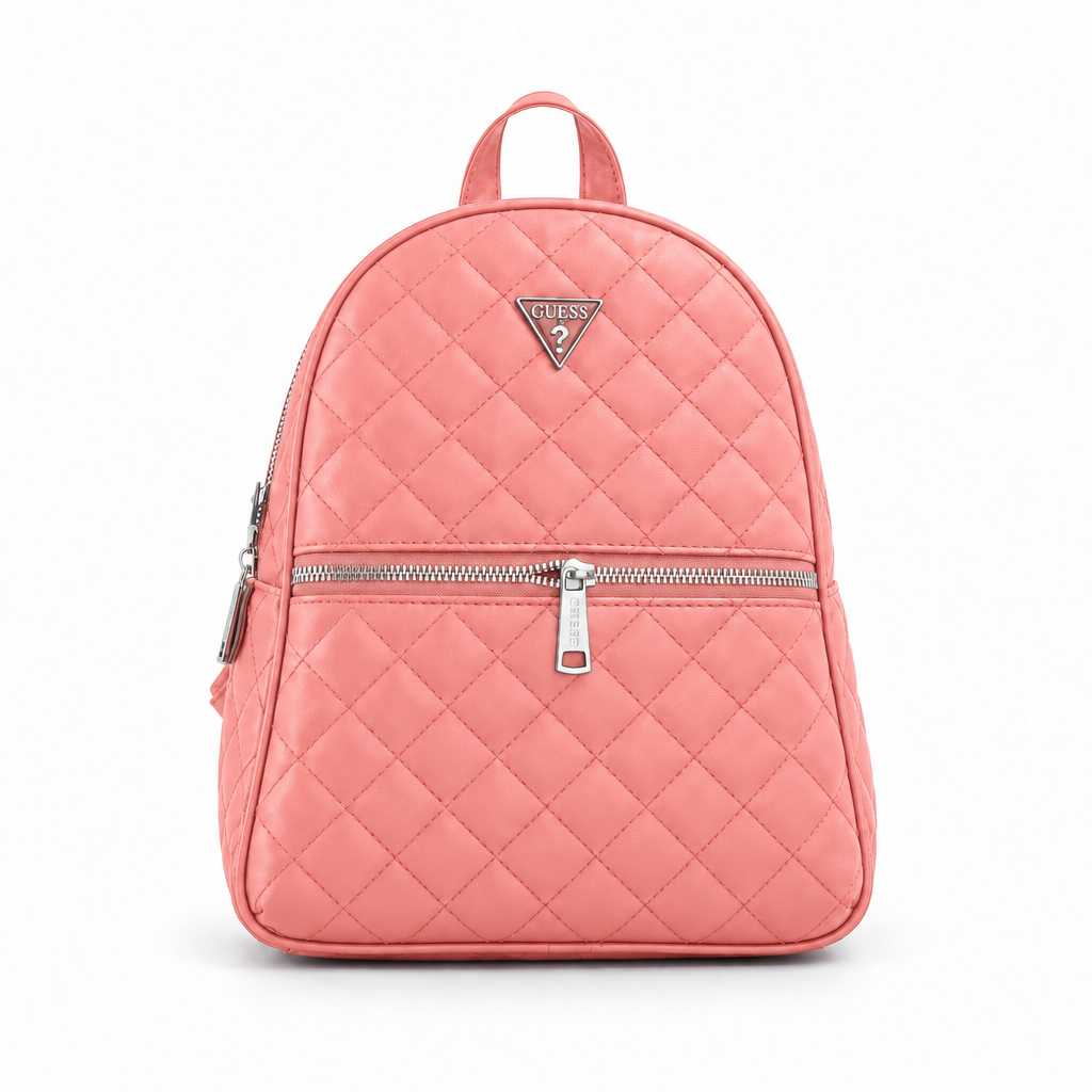 Guess style quilted backpack with triangle logo - salmon pink, studio view