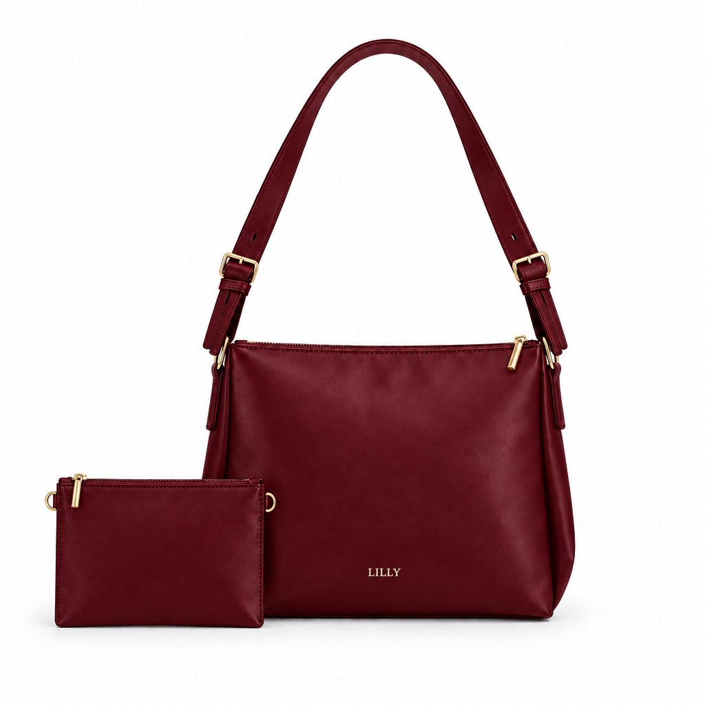 LILLY Style Classic Shoulder Bag - burgundy with coordinating pouch, studio reference