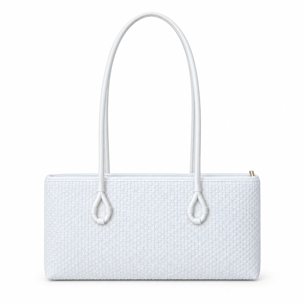 Zara Style Woven Texture Long-Handle Shoulder Bag - white, studio view