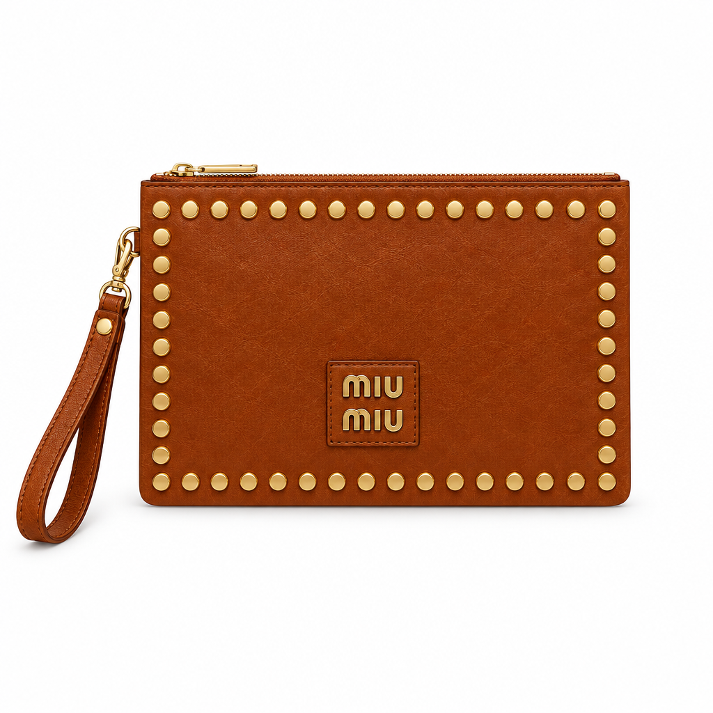 Miu Miu style studded wristlet clutch - cognac, studio view