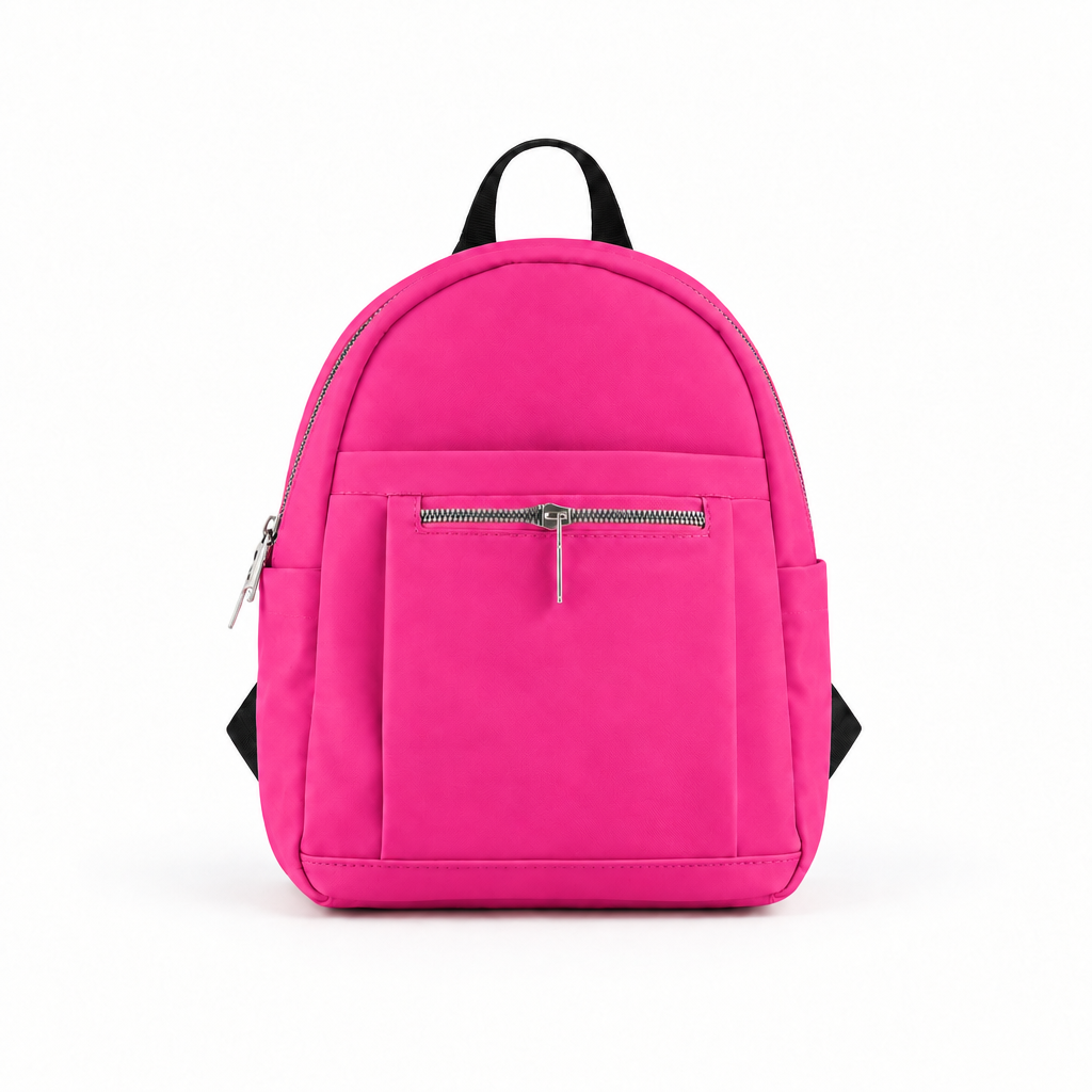Mini nylon backpack with front zip pocket - hot pink, studio view