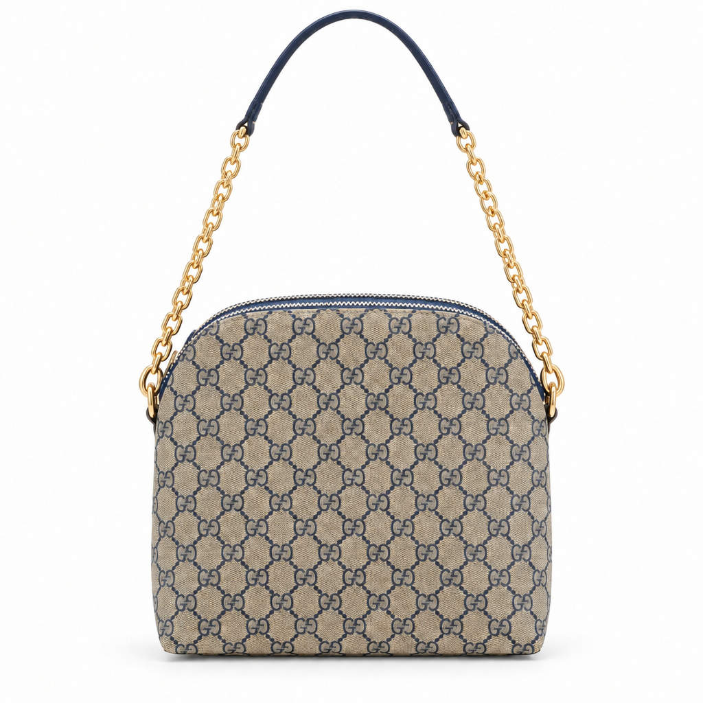 Gucci style GG canvas dome chain bag - beige and navy, studio view