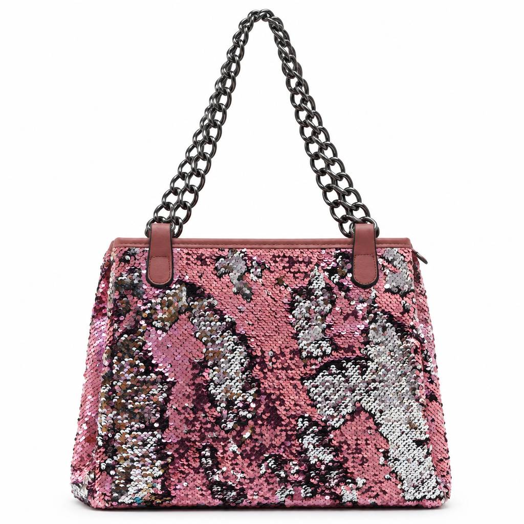 Sequin chain tote bag - pink and silver, studio view