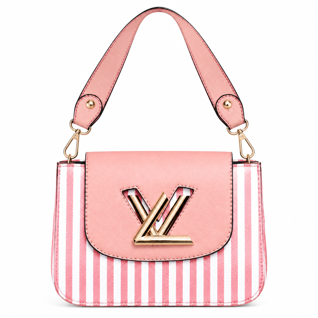 Louis Vuitton style striped twist lock flap bag - pink stripe, studio view