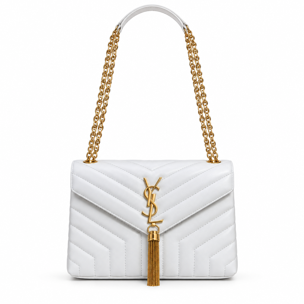 YSL style chevron quilted tassel chain flap bag - white, studio view