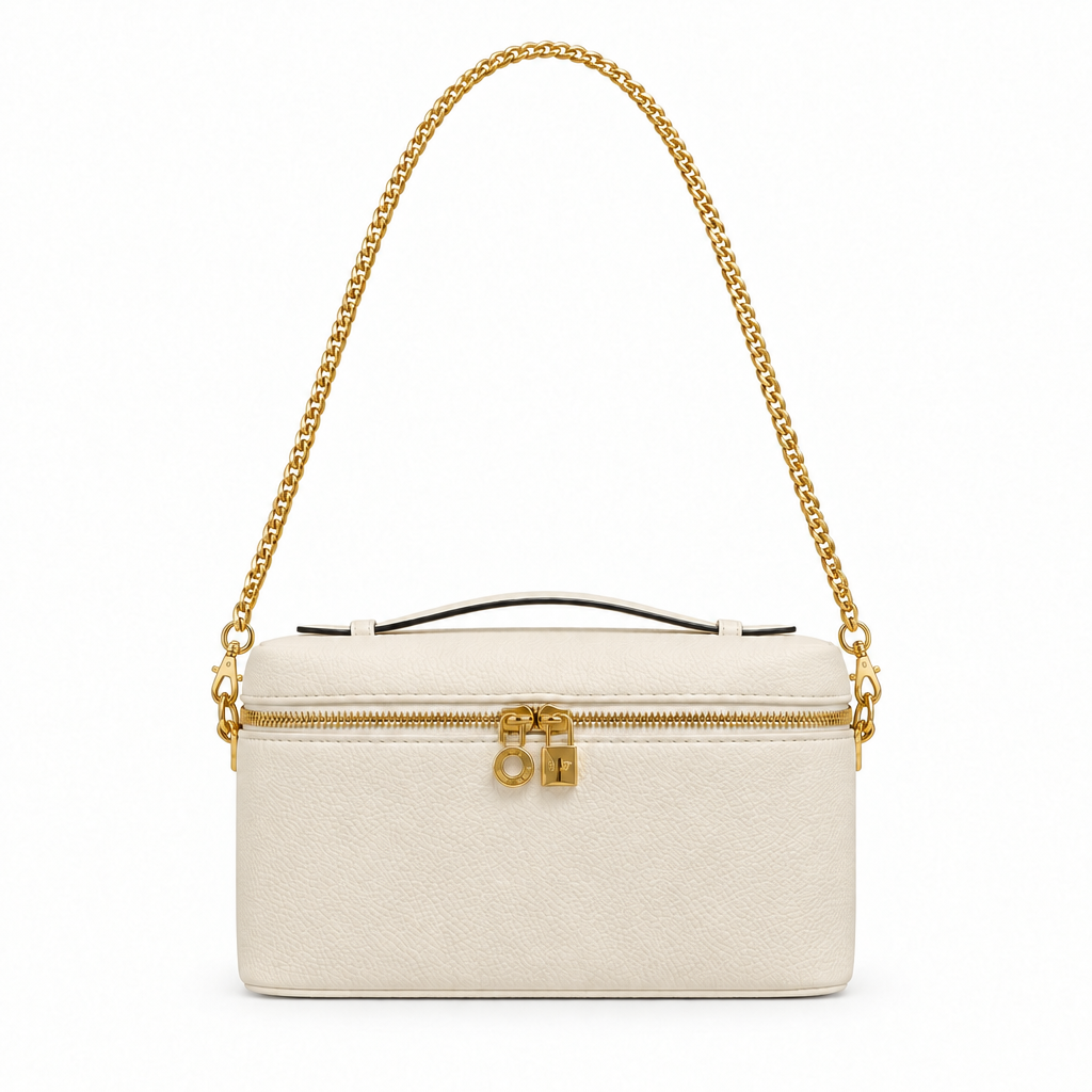Pebbled leather vanity case bag with gold chain - cream, studio view