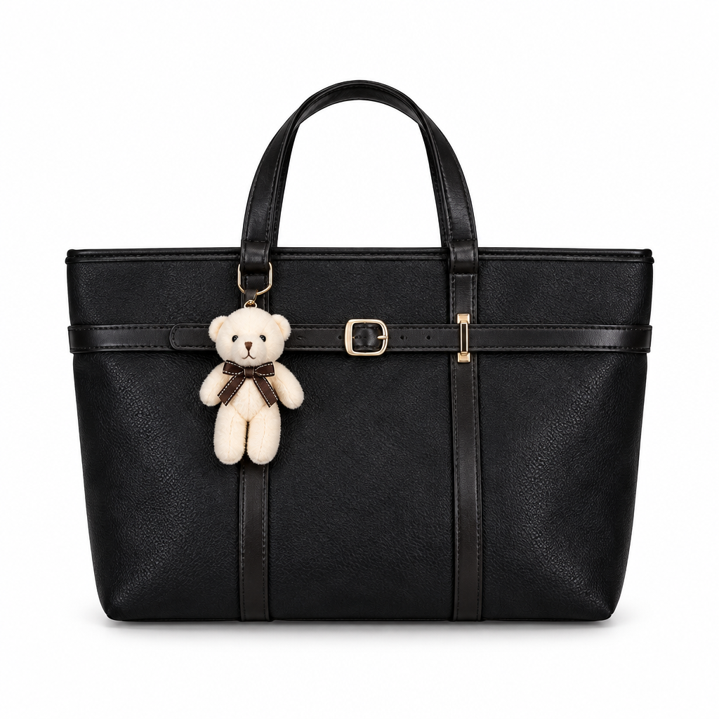 Teddy Charm Belt-Detail Top-Handle Tote - black, studio view