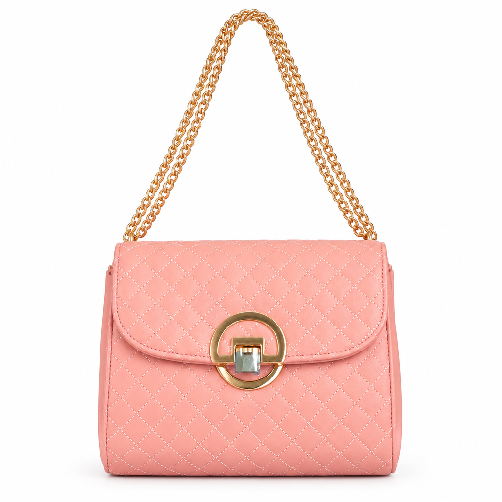 Quilted flap chain bag with gold ring lock - coral pink, studio view