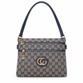 Gucci style GG canvas double zip shoulder bag - navy, studio view