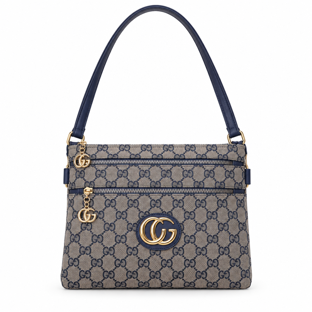 Gucci style GG canvas double zip shoulder bag - navy, studio view