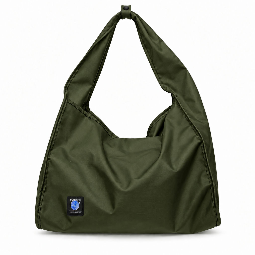 Globe Patch Wide-Strap Slouchy Shoulder Bag - olive green, studio view