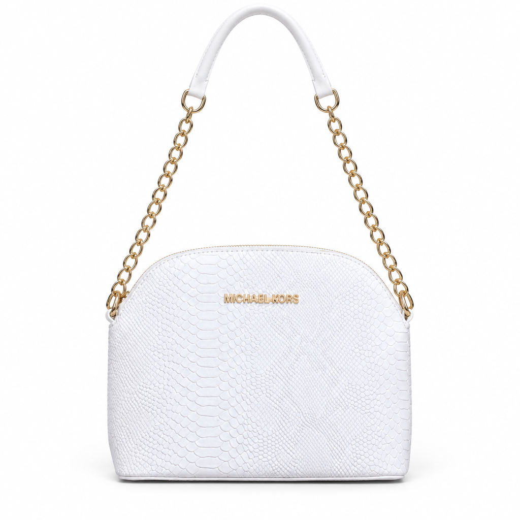 Michael Kors style snake embossed dome chain bag - white, studio view