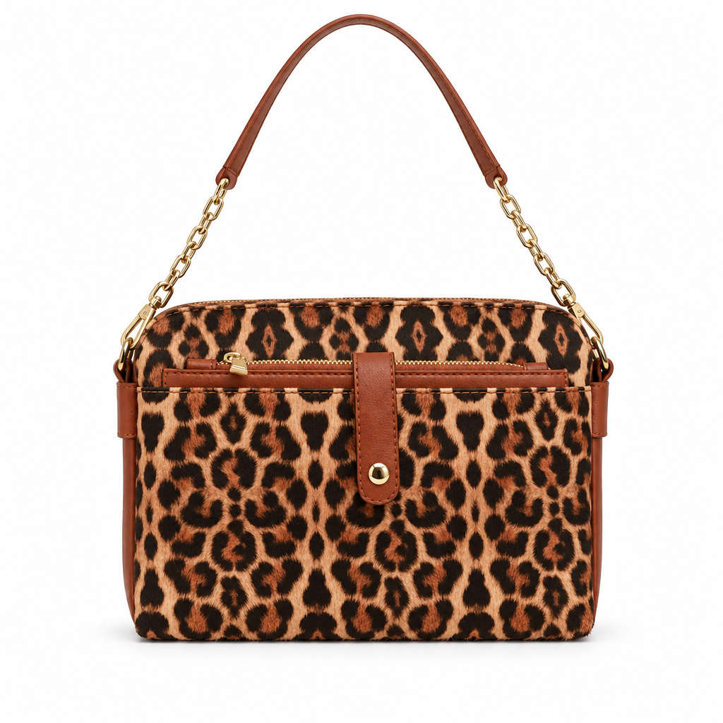 Leopard print chain camera bag - tan leopard with cognac, studio view