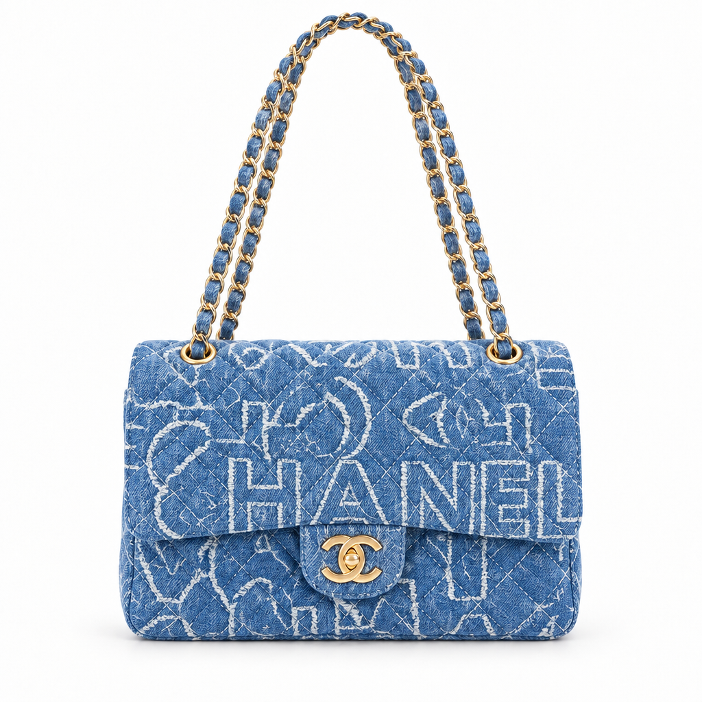 Chanel style medium classic quilted flap bag - light denim, studio view