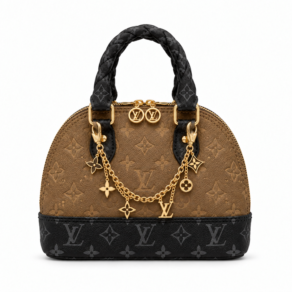 Louis Vuitton Style Monogram Charm-Chain Mini Dome Bag - tan and black, studio view