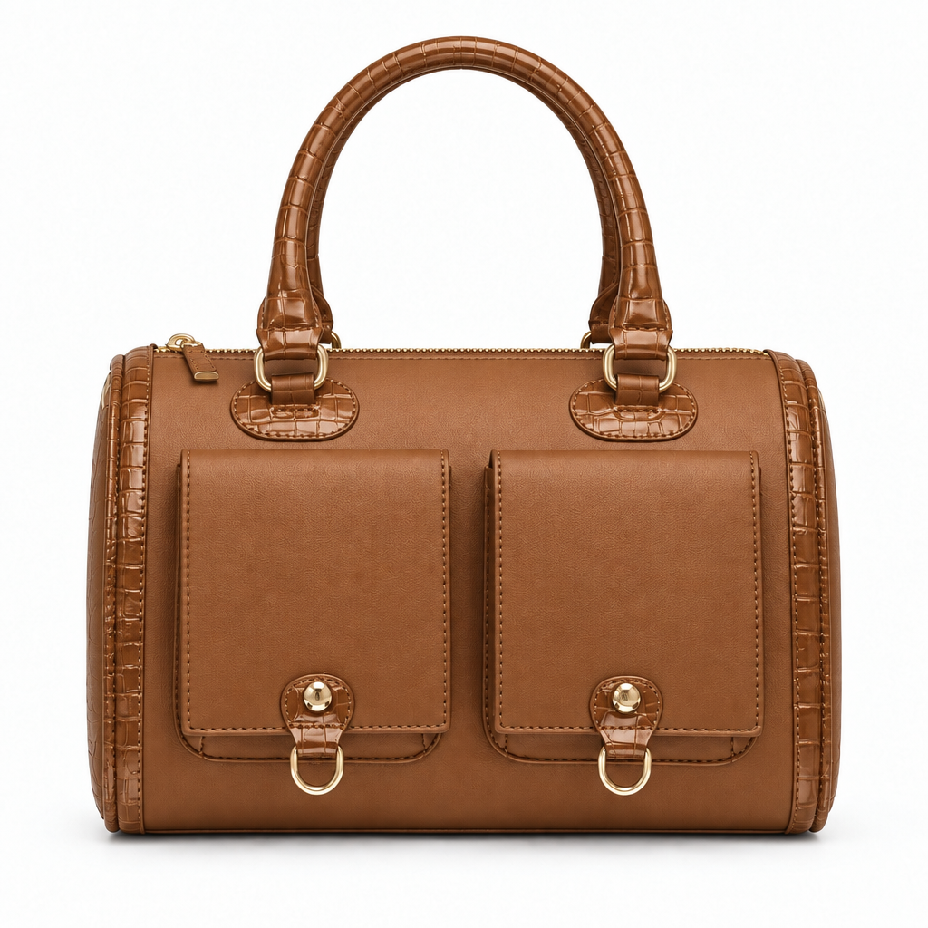 Croc trim barrel handbag with front pockets - tan brown, studio view